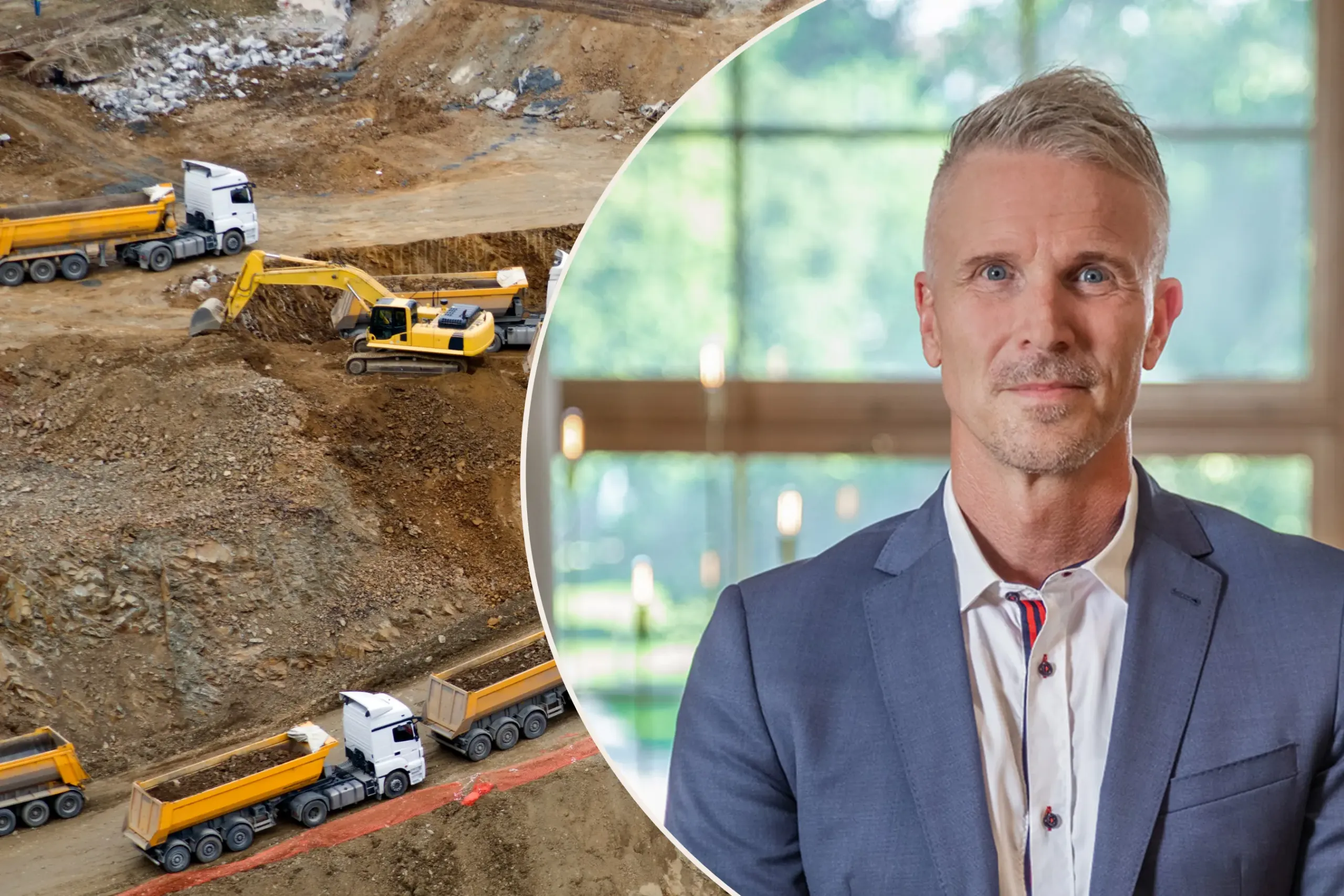 till vänster syns lastbilar och till höger syns Tobias Djerf, affärsområdeschef leasing på factoringgruppen