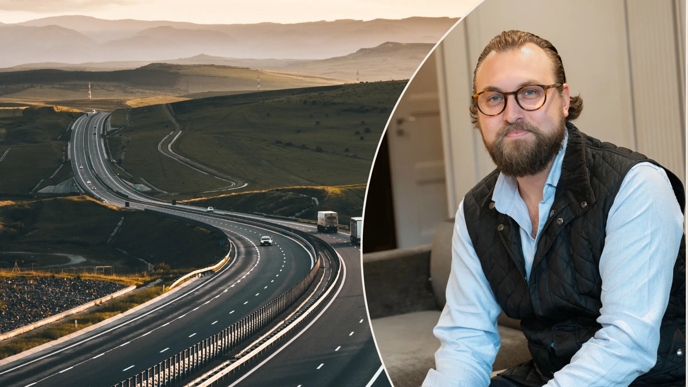 Lastbilar som kör på vägen och bredvid är det en bild på Filip Jansson från Factoringgruppen