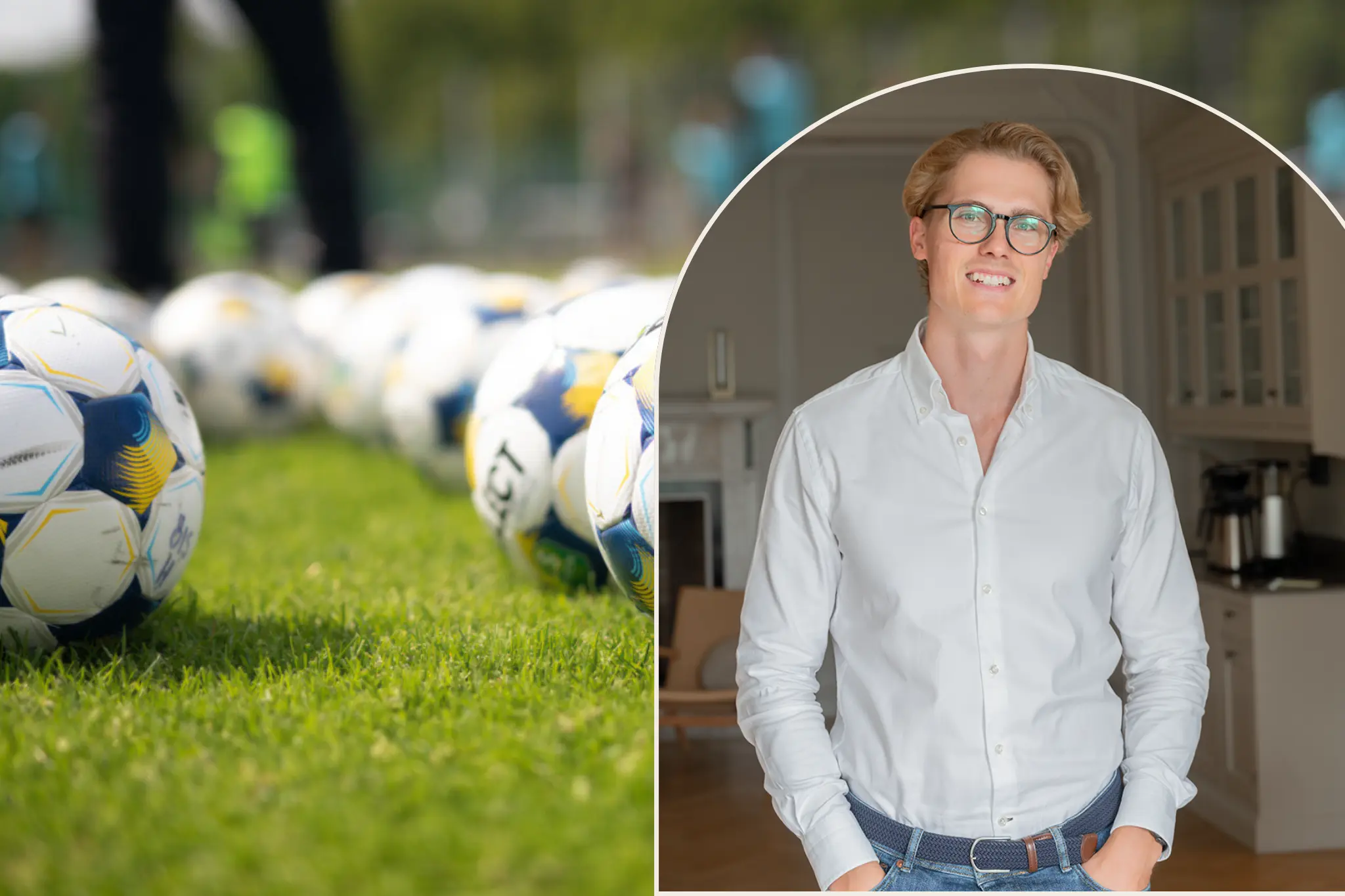 Alexander Walter på Factoringgruppens kontor. I bakgrunden syns en fotbollsplan.