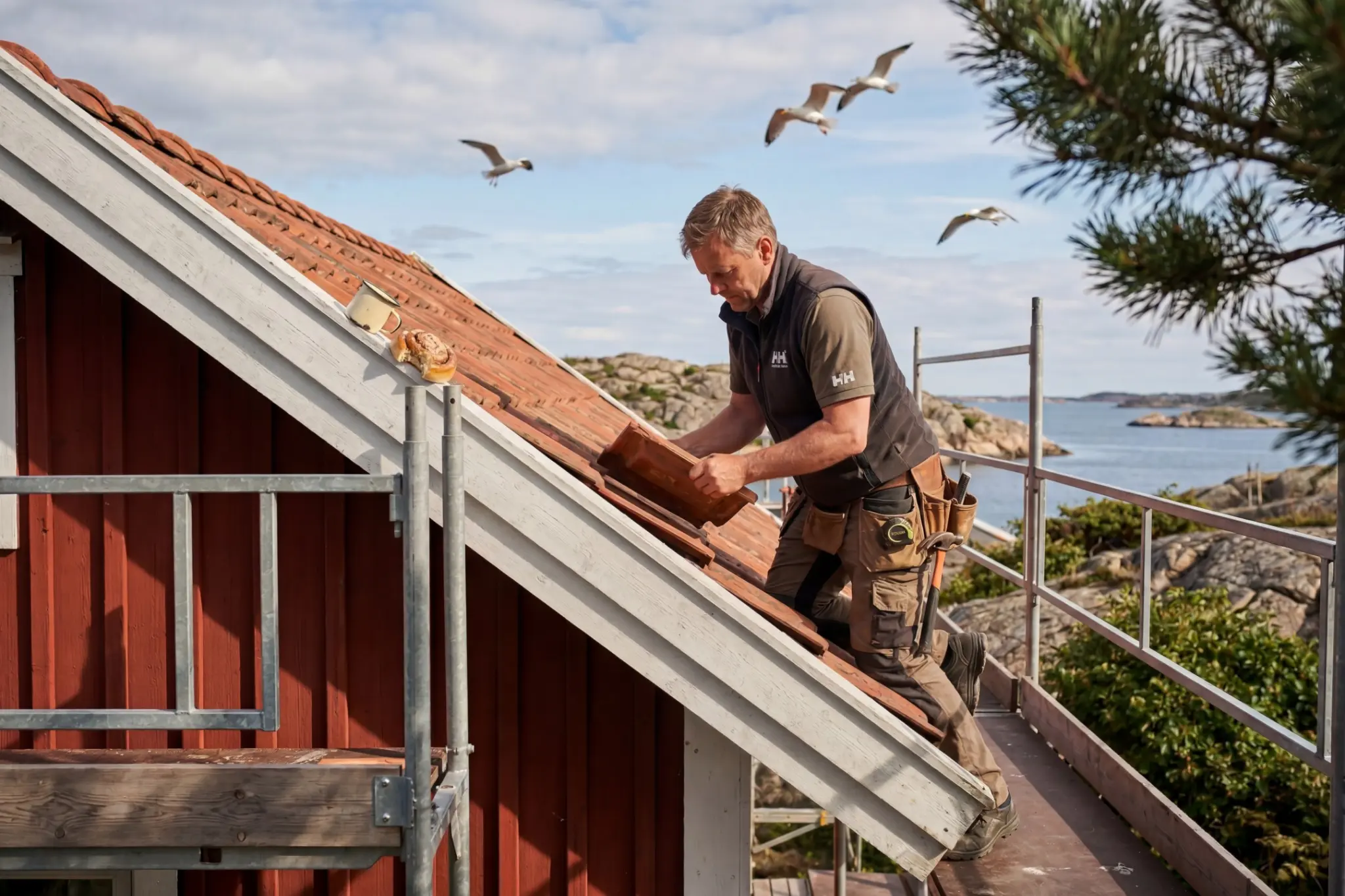 takläggare lägger tak på rött hus vid havet.